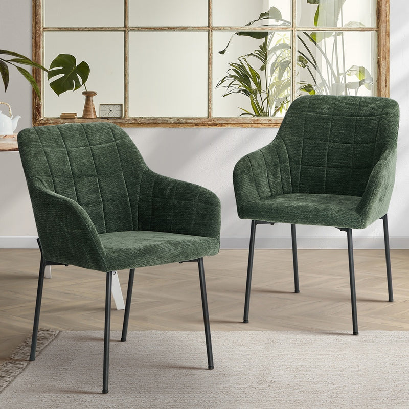 Oikiture 2x Dining Chairs Kitchen Armchairs Chenille Fabric Green