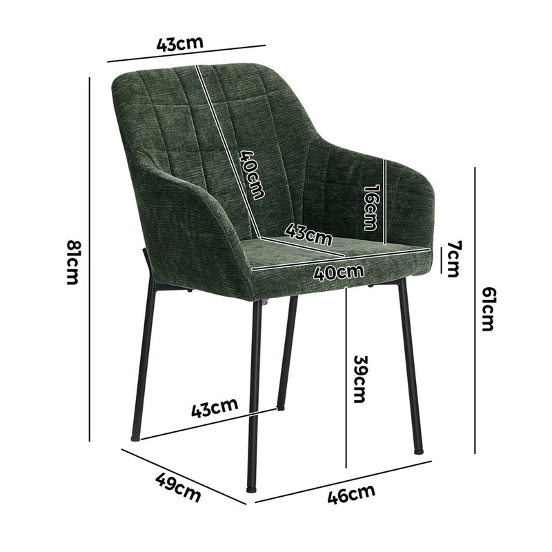 Oikiture 2x Dining Chairs Kitchen Armchairs Chenille Fabric Green