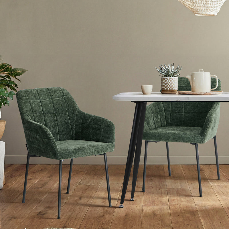 Oikiture 2x Dining Chairs Kitchen Armchairs Chenille Fabric Green