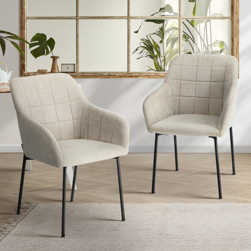 Oikiture 2x Dining Chairs Kitchen Accent Armchairs Linen Fabric Beige