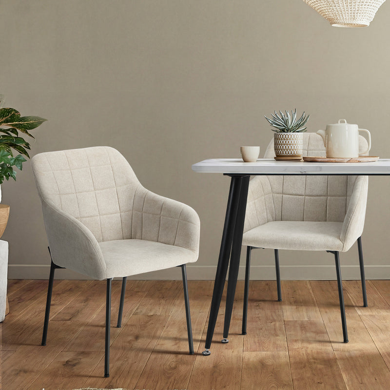 Oikiture 2x Dining Chairs Kitchen Accent Armchairs Linen Fabric Beige