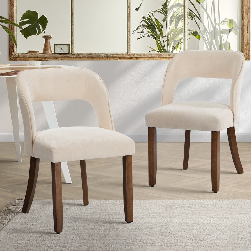 Oikiture 2x Dining Chairs Chenille Chair Rubberwood Legs Beige