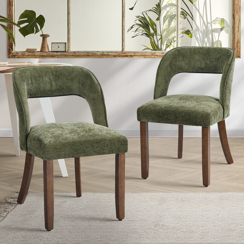 Oikiture 2x Dining Chairs Chenille Chair Rubberwood Legs Green
