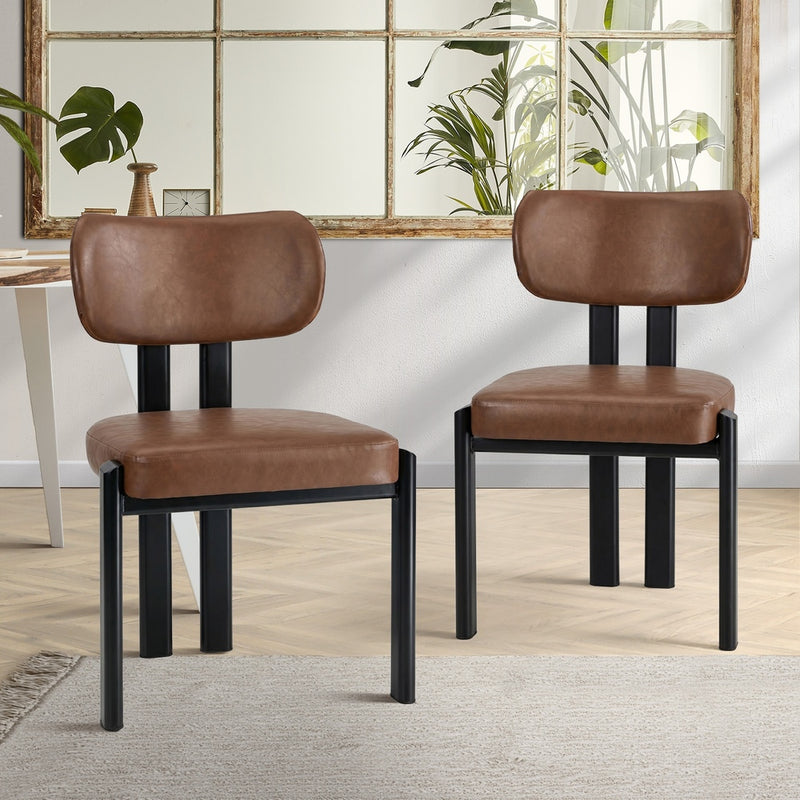 Oikiture 2x Dining Chairs Faux Leather Kitchen Chair Padded Seat Brown