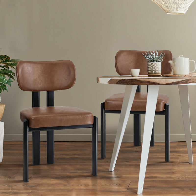 Oikiture 2x Dining Chairs Faux Leather Kitchen Chair Padded Seat Brown