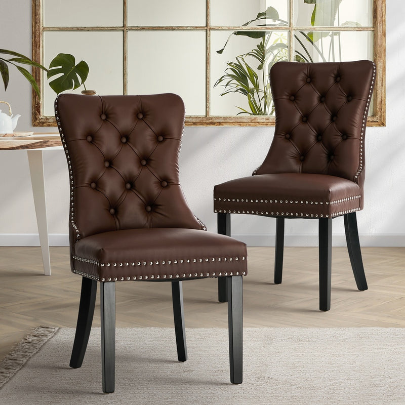 Oikiture 2x Dining Chairs Upholstered French Tufted PU Leather Brown