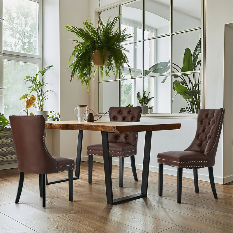 Oikiture 2x Dining Chairs Upholstered French Tufted PU Leather Brown