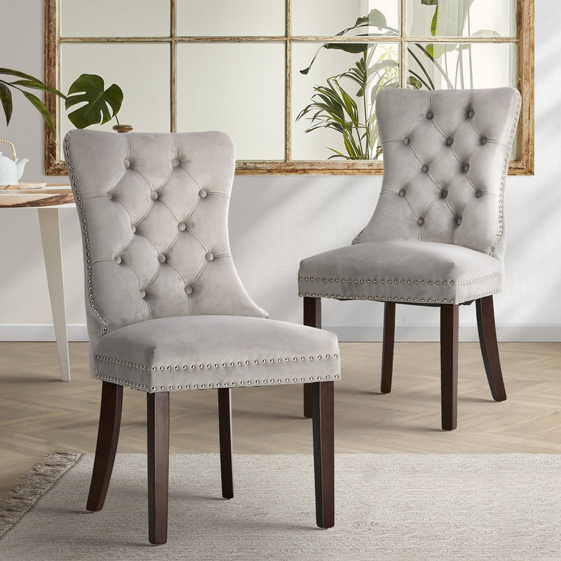 Oikiture 2x Velvet Dining Chairs Upholstered French Tufted Light Grey