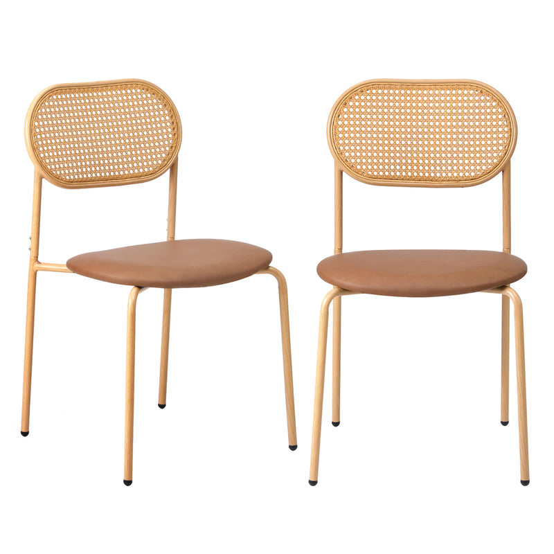 Oikiture 2PCS Dining Chair Rattan PU Leather Brown