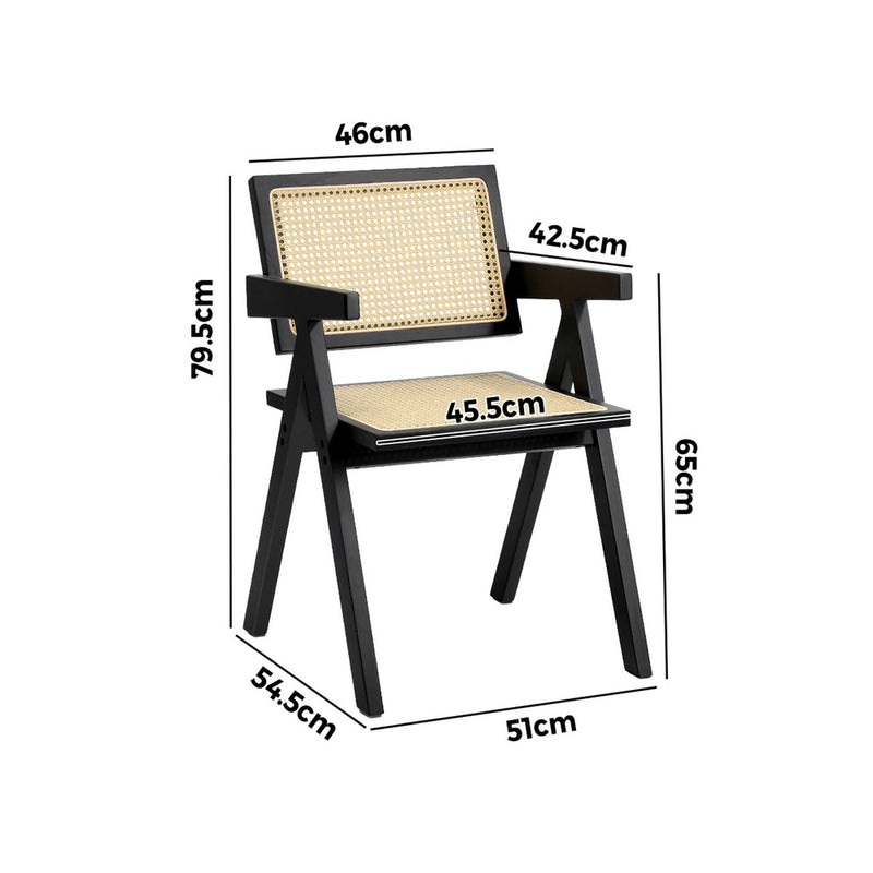 Oikiture 2x Dining Chairs Rattan Chair Wooden Balck