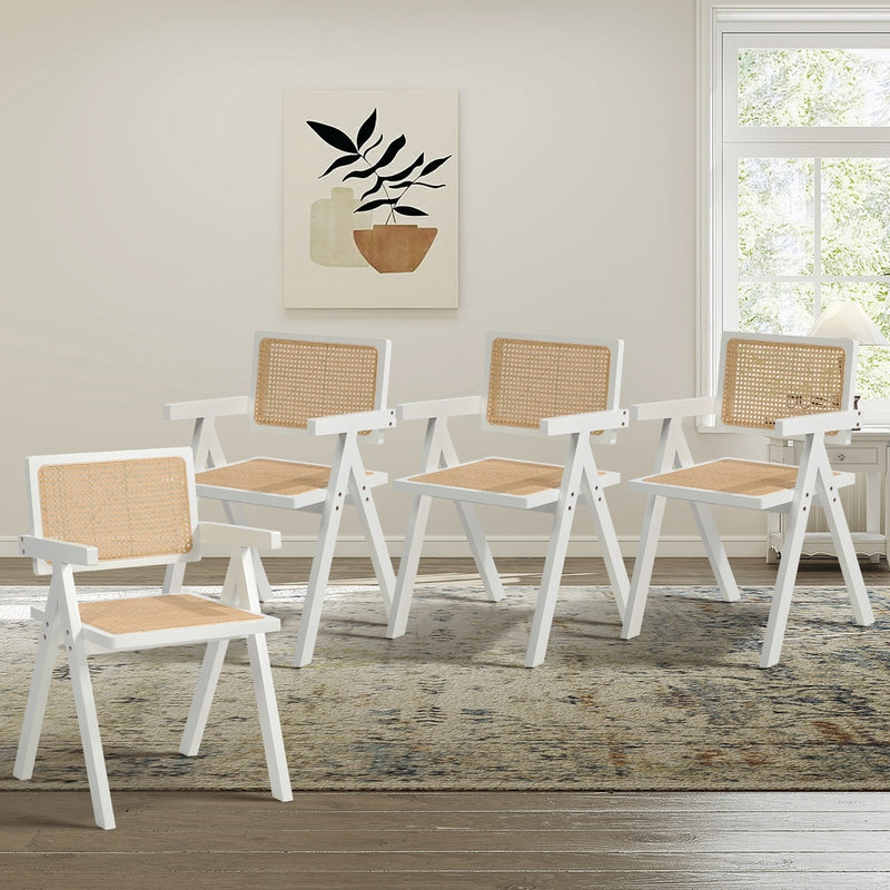 Oikiture 4x Dining Chairs PE Rattan Chair Bamboo Frame White