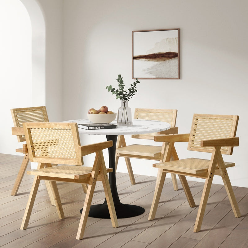 Oikiture 4x Wooden Dining Chairs Rattan Natural
