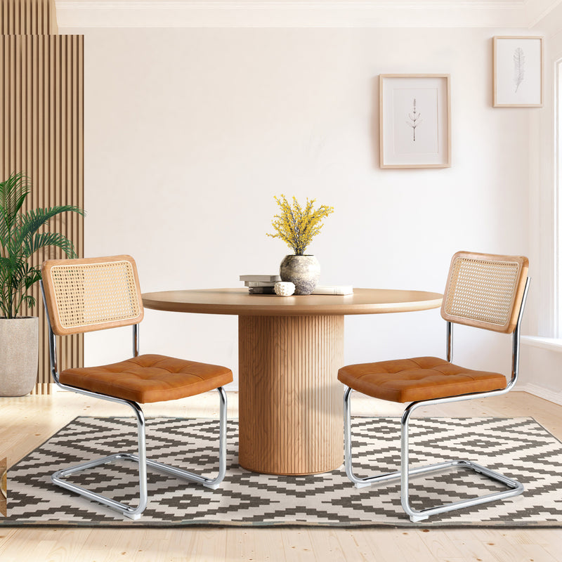 Oikiture 2x Rattan Dining Chair Steel Frame Leather Seat Brown