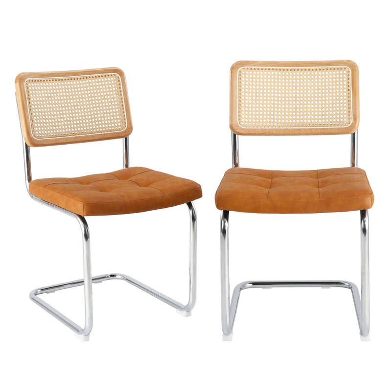 Oikiture 2x Rattan Dining Chair Steel Frame Leather Seat Brown