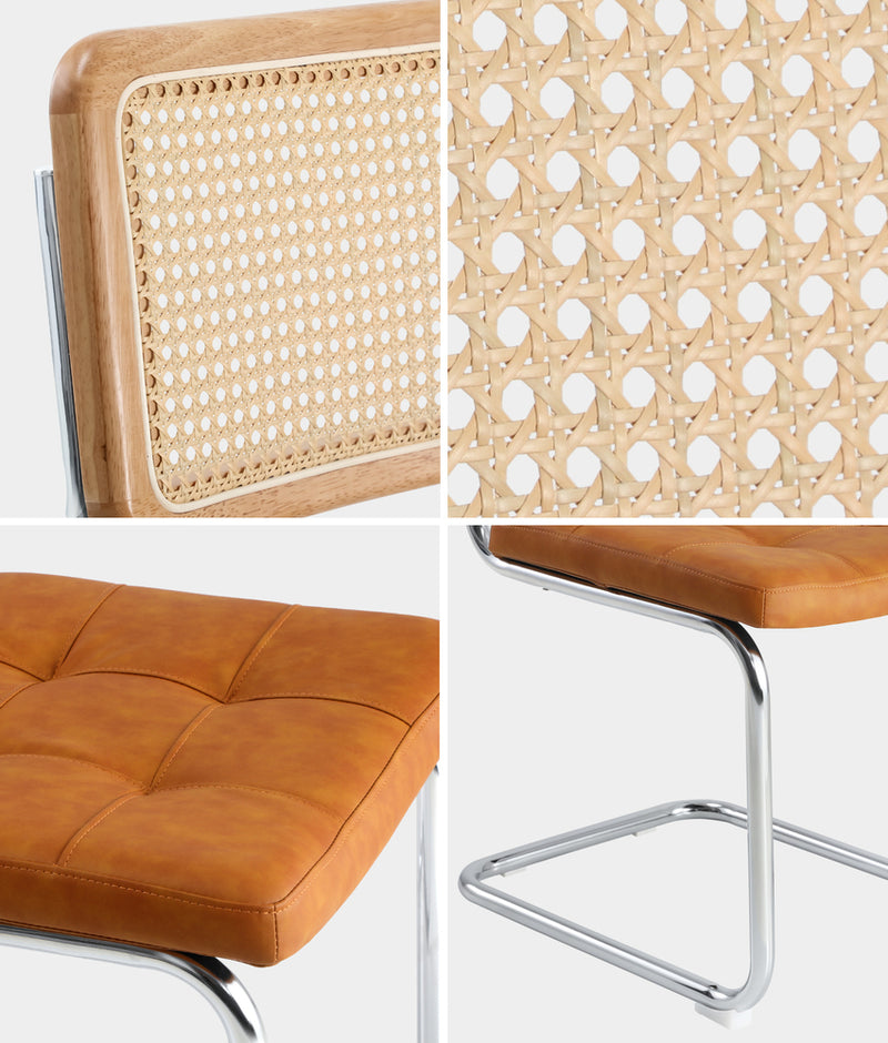 Oikiture 2x Rattan Dining Chair Steel Frame Leather Seat Brown