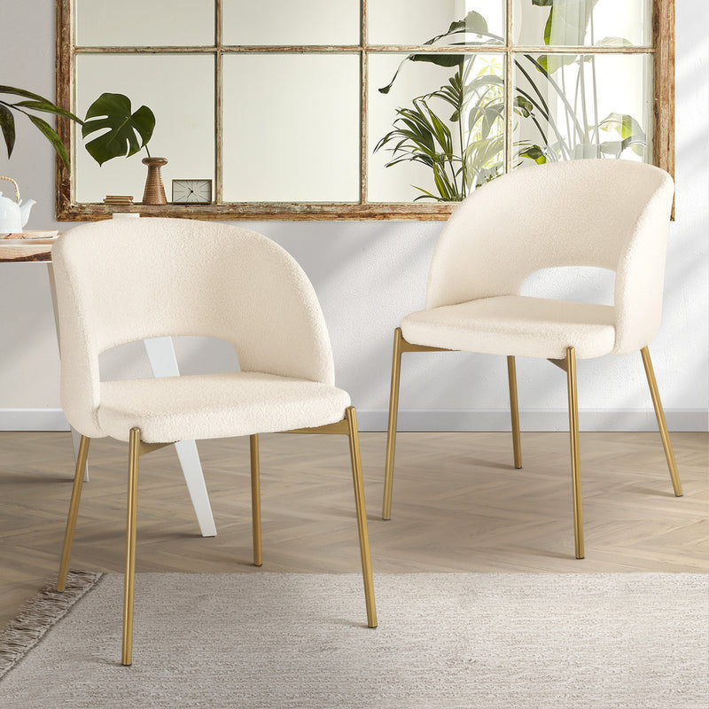 Oikiture Dining Chair Set of 2 Sherpa White and Gold