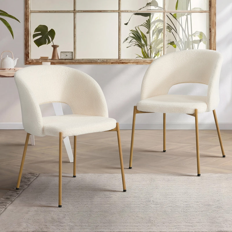 Oikiture 2x Dining Chair Armchair Sherpa White & Natural