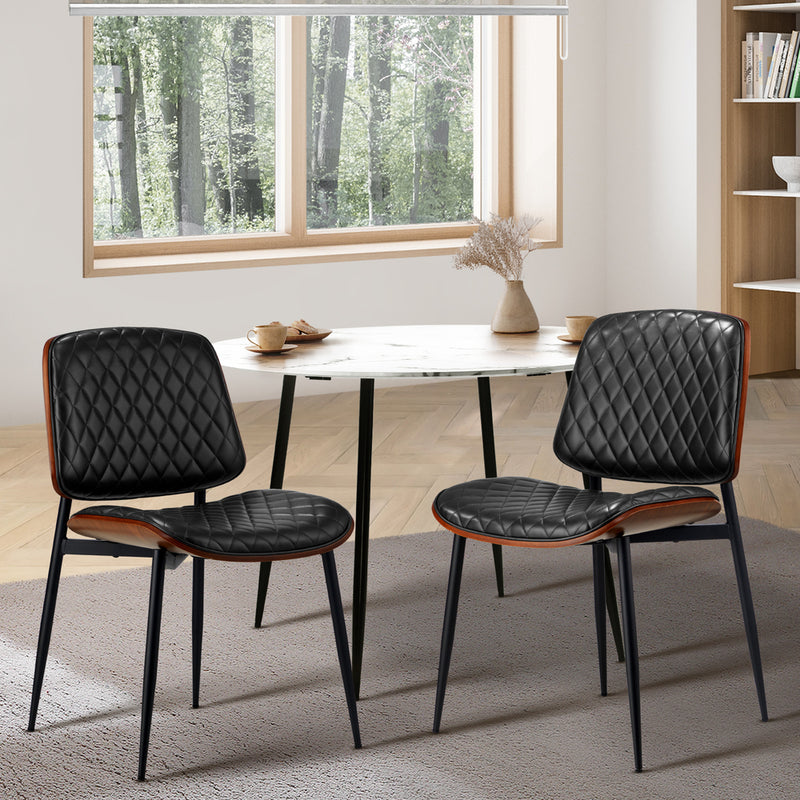Oikiture 2x Dining Chairs Leather Seat Metal Legs Black