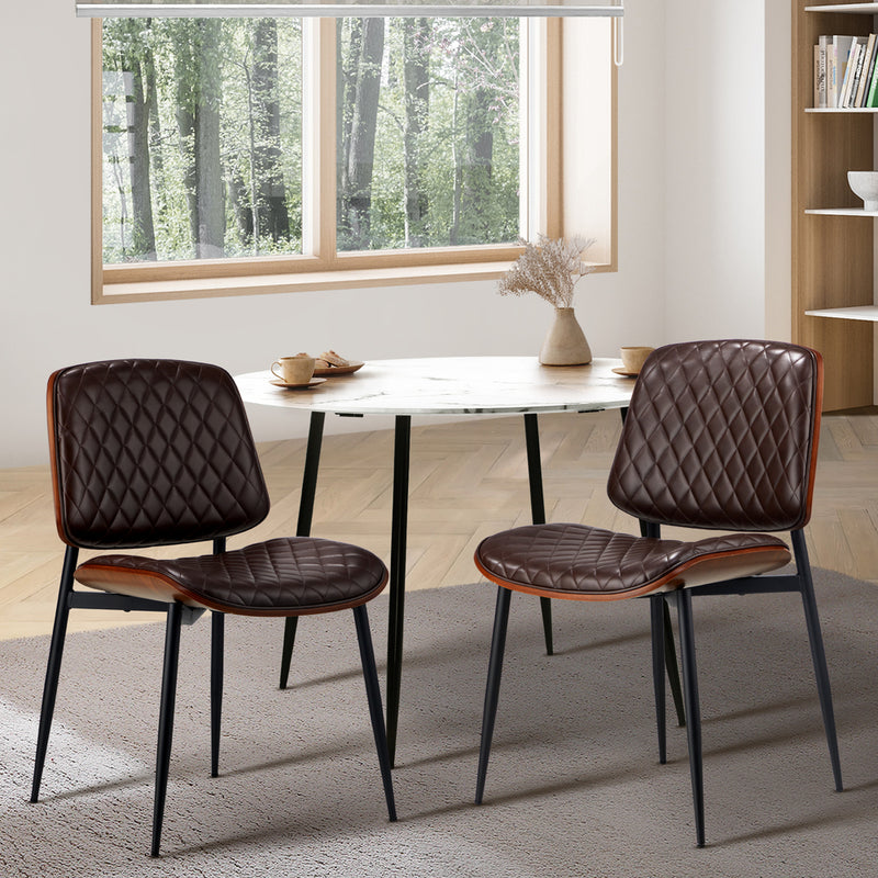 Oikiture 2x Dining Chairs Leather Seat Metal Legs Walnut