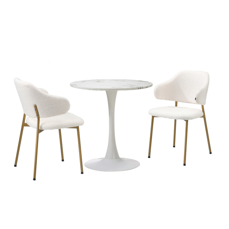 Oikiture 60cm Round Dining Table with 2x Dining Chairs Sherpa Gold&White