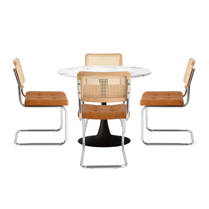 Oikiture 90cm Round Dining Table with 4PCS Chairs PU Leather Brown