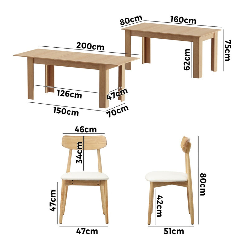 Oikiture 200cm Extendable Dining Table with 6x Dining Chairs PU Leather Natural