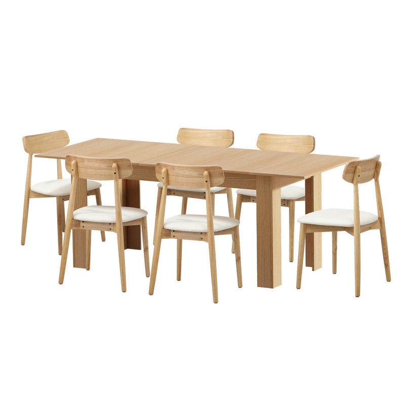 Oikiture 200cm Extendable Dining Table with 6x Dining Chairs PU Leather Natural