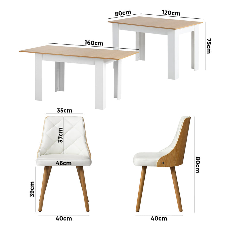 Oikiture Extendable Dining Table & 4pcs Chair with Leather Seat