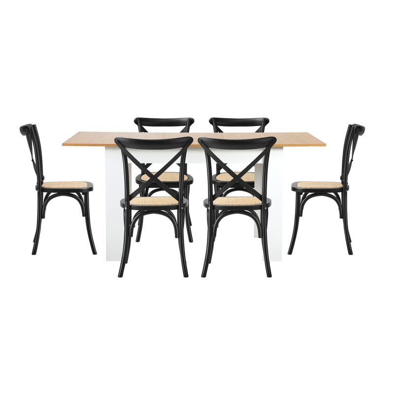 Oikiture 160cm Extendable Dining Table with 6PCS Chairs Crossback Black