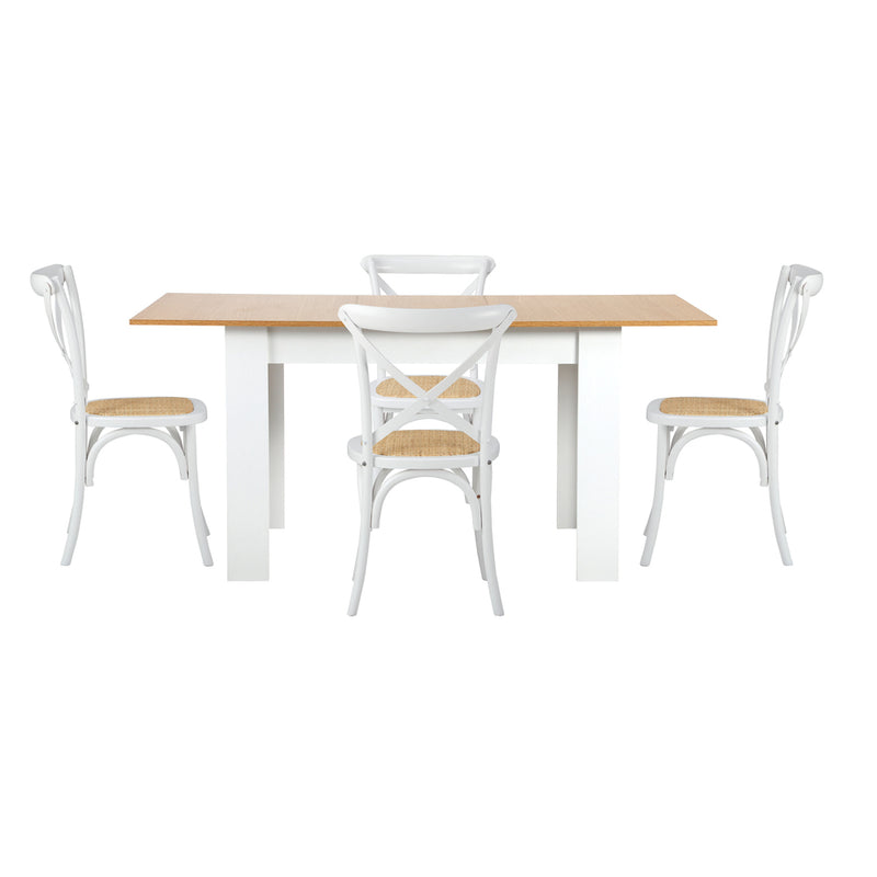 Oikiture 160cm Extendable Dining Table with 4PCS Chairs Crossback White