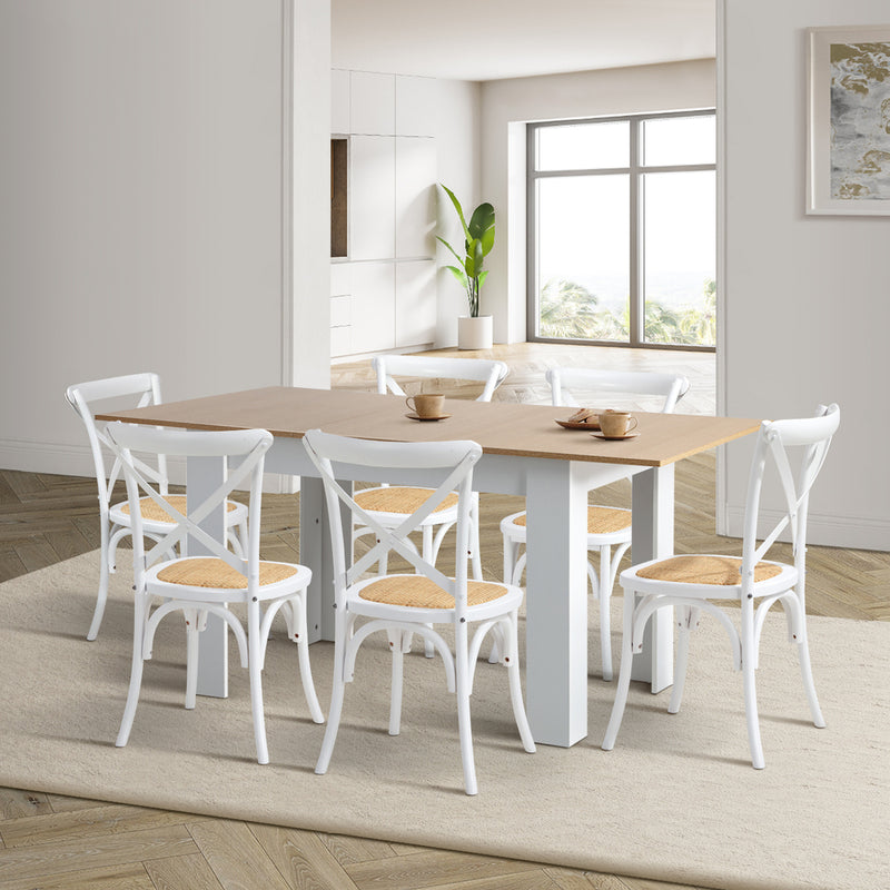 Oikiture 160cm Extendable Dining Table with 6PCS Chairs Crossback White