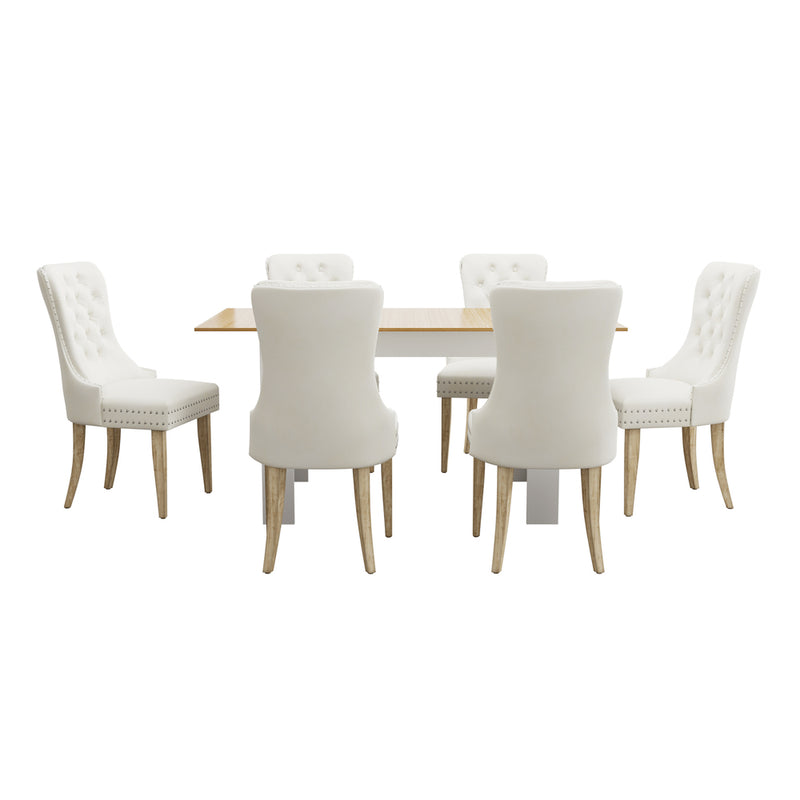 Oikiture 160cm Extendable Dining Table with 6PCS Chairs Velvet Beige