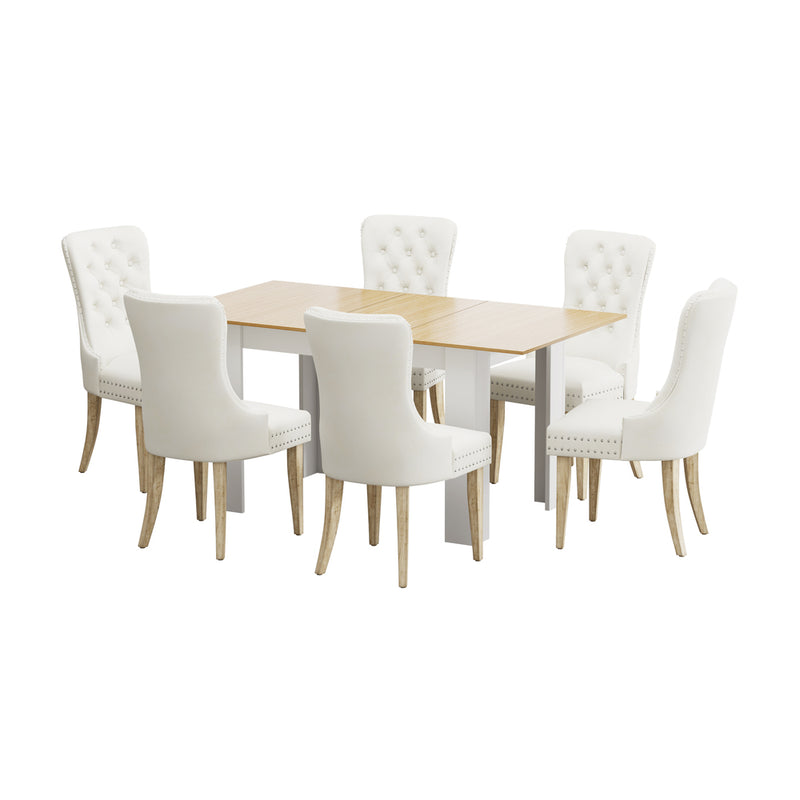 Oikiture 160cm Extendable Dining Table with 6PCS Chairs Velvet Beige
