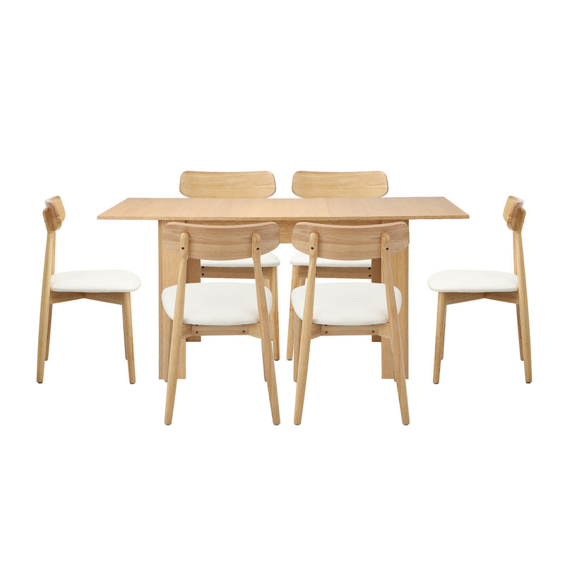 Oikiture 160cm Extendable Dining Table with 6x Dining Chairs PU Leather Natural