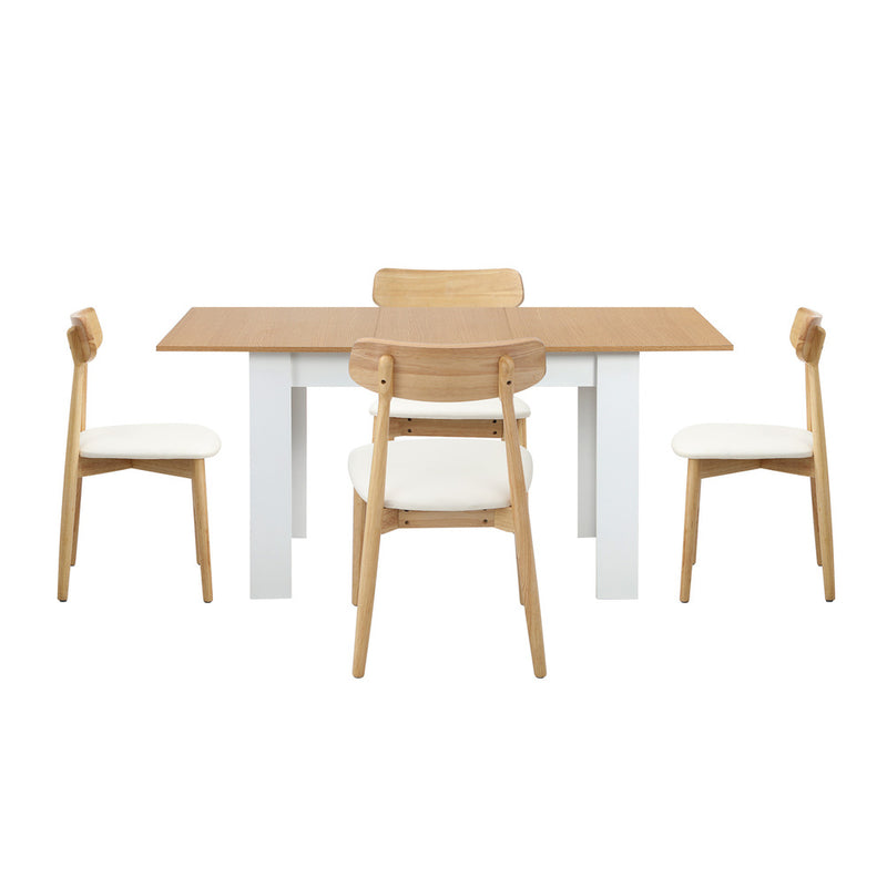 Oikiture 160cm Extendable Dining Table with 4x Dining Chairs PU Leather White
