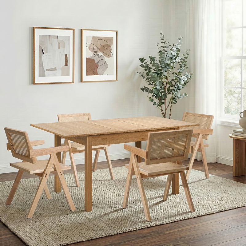 Oikiture 5pc Dining Table and Chairs Wooden Dining Set Ratten Natural