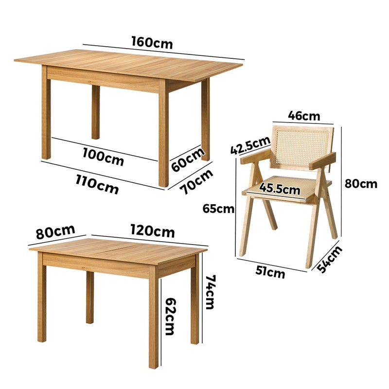 Oikiture 5pc Dining Table and Chairs Wooden Dining Set Ratten Natural