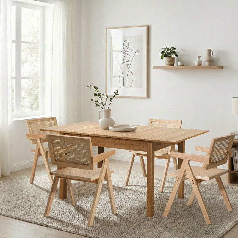Oikiture 5pc Dining Table and Chairs Wooden Dining Set Ratten Natural