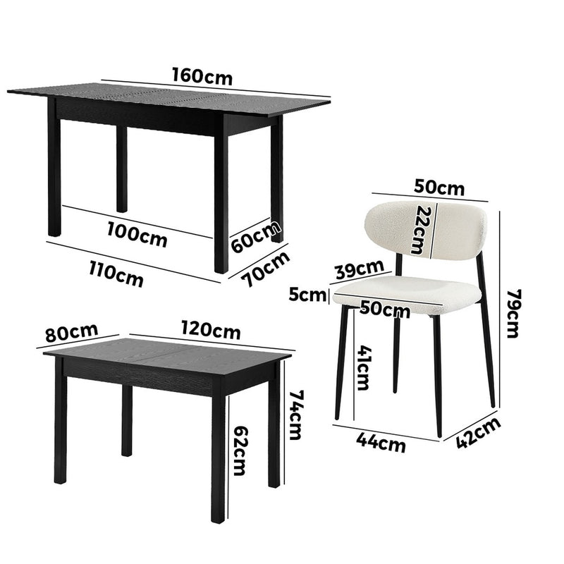 Oikiture 5pc Dining Table and Chairs Wooden Dining Set Boucle Black
