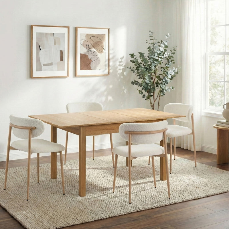 Oikiture 5pc Dining Table and Chairs Wooden Dining Set Boucle Natural