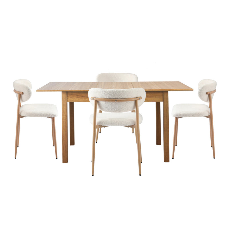 Oikiture 5pc Dining Table and Chairs Wooden Dining Set Boucle Natural