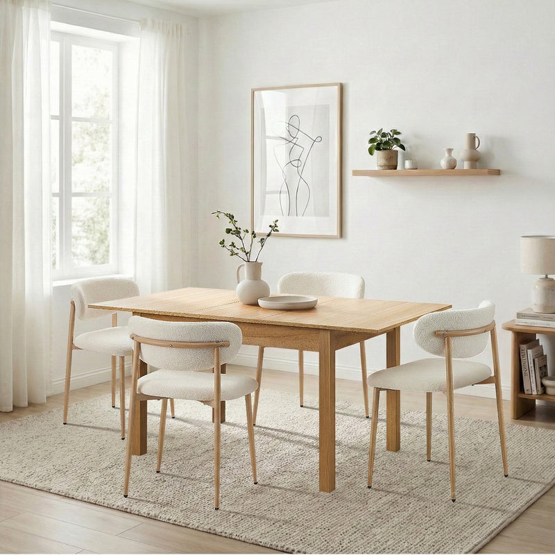 Oikiture 5pc Dining Table and Chairs Wooden Dining Set Boucle Natural