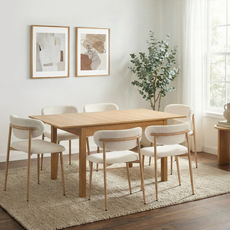 Oikiture 7pc Dining Table and Chairs Wooden Dining Set Boucle Natural