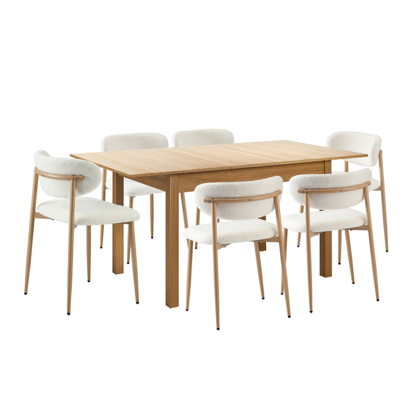 Oikiture 7pc Dining Table and Chairs Wooden Dining Set Boucle Natural