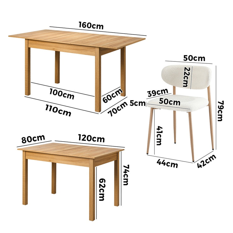 Oikiture 7pc Dining Table and Chairs Wooden Dining Set Boucle Natural