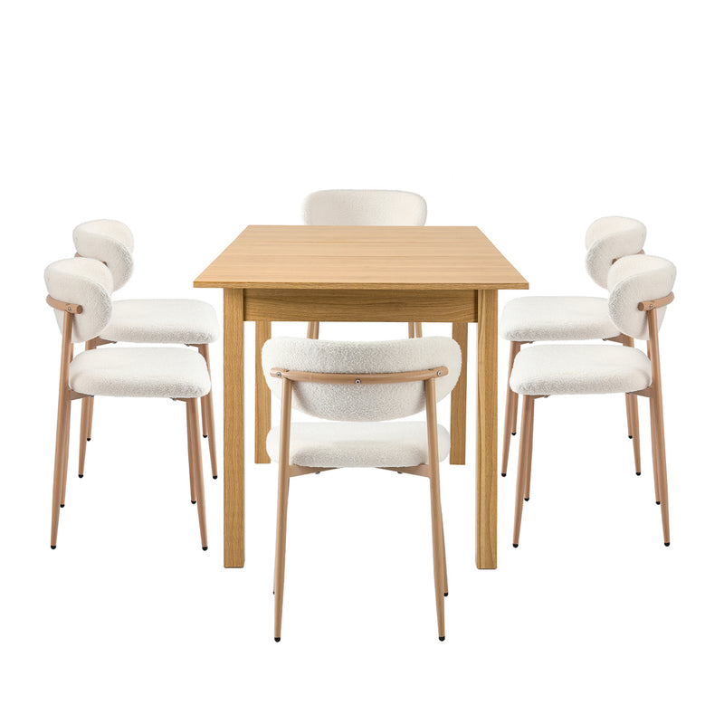 Oikiture 7pc Dining Table and Chairs Wooden Dining Set Boucle Natural