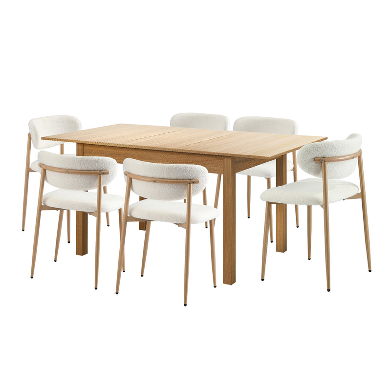 Oikiture 7pc Dining Table and Chairs Wooden Dining Set Boucle Natural