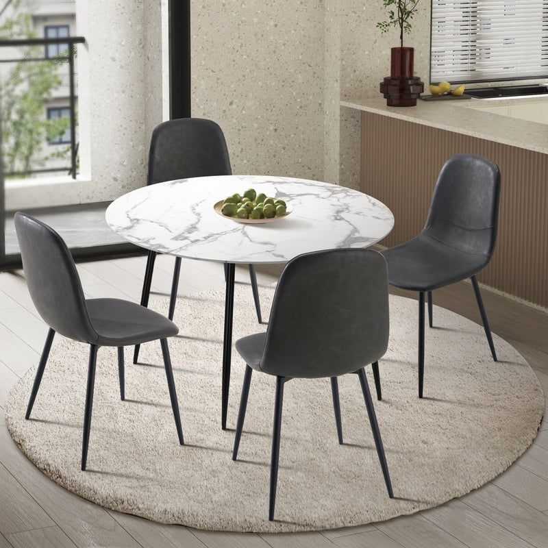 Oikiture Round Dining Table & 4PCS Dining Chairs PU Grey
