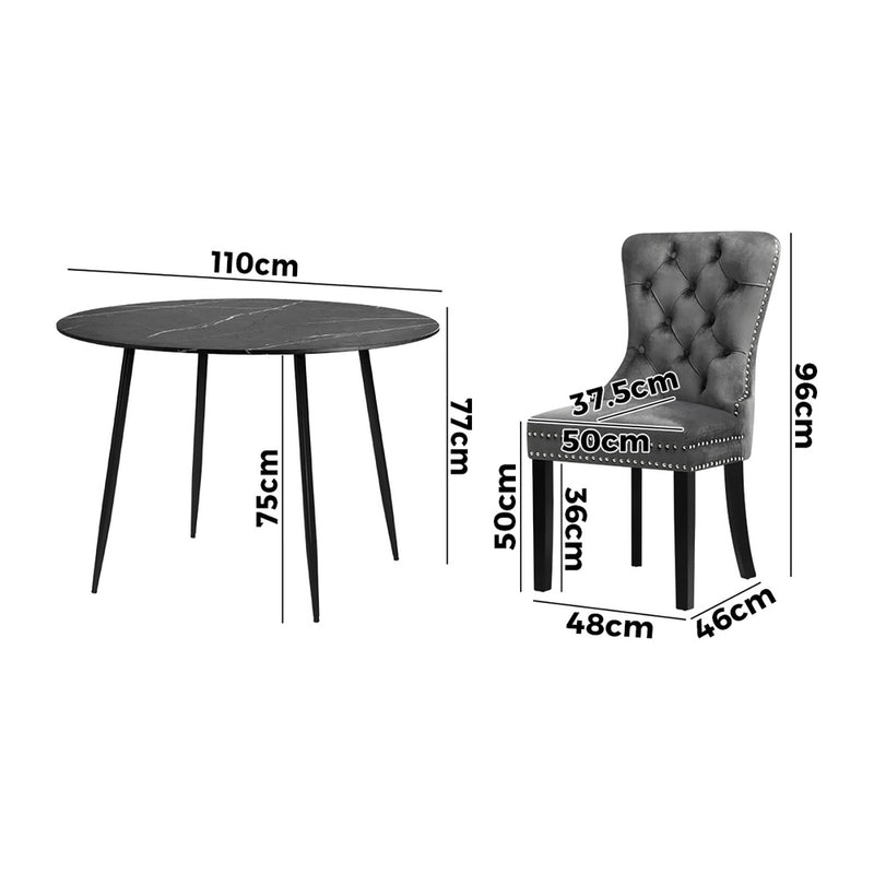 Oikiture 110cm Round Dining Table with 4 Dining Chairs Velvet Grey