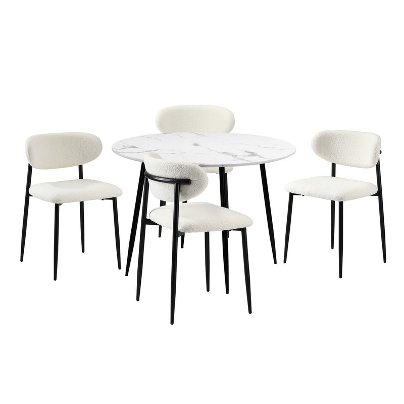 Oikiture 110cm Round Dining Table with 4x Dining Chairs Boucle Black&White
